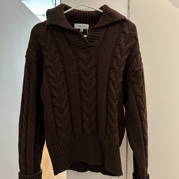 NWT Mohan Brown Collar V-Neck Wool Blend Cable Knit Sweater Size M - Picture 3 of 5